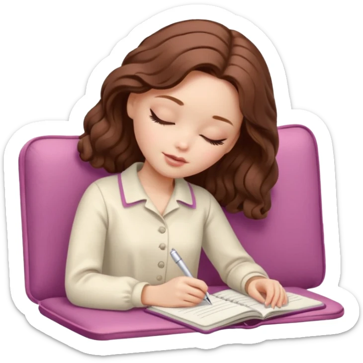 White Barbie girl dark Chestnut bob wavy hair sleeping with In pale creamy color clothes, he writes in a notebook sticker