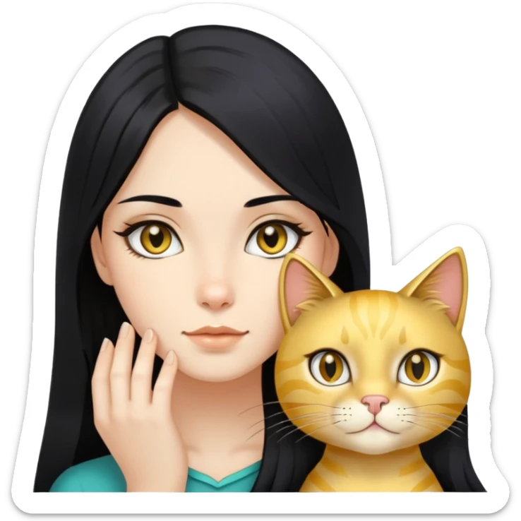 long black hair girl with black eyes with gold cat sticker