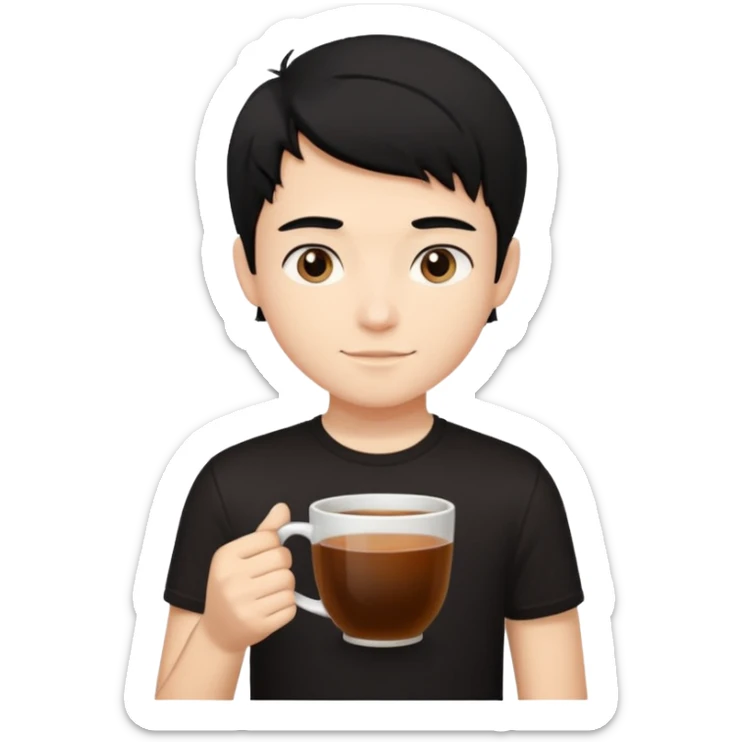 The boy teen have a black hair, and black T-shirt with a cup of tea sticker