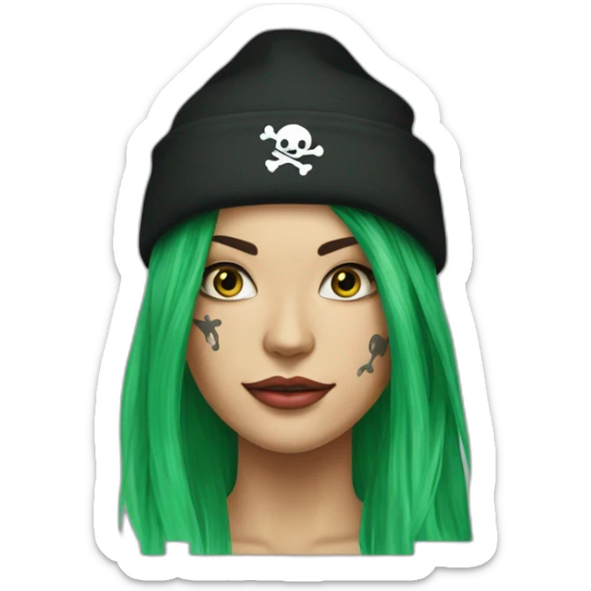 Woman long green hair on one side, tattoo on side of head. other side of head is shaved.  pirate hat. skull and crossbones t shirt sticker
