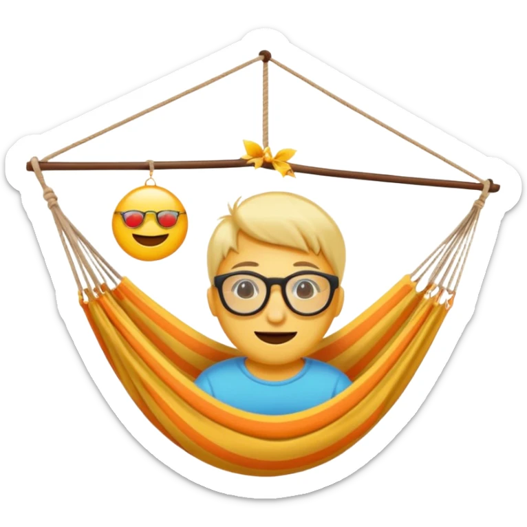 Créer un emoji stylisé et coloré représentant le week-end, joyeux et relaxant. L’emoji doit être rond, lumineux, avec un visage souriant ou des lunettes de soleil. Ajouter des éléments évoquant le repos ou le plaisir : café, hamac, soleil, musique, détente.  sticker