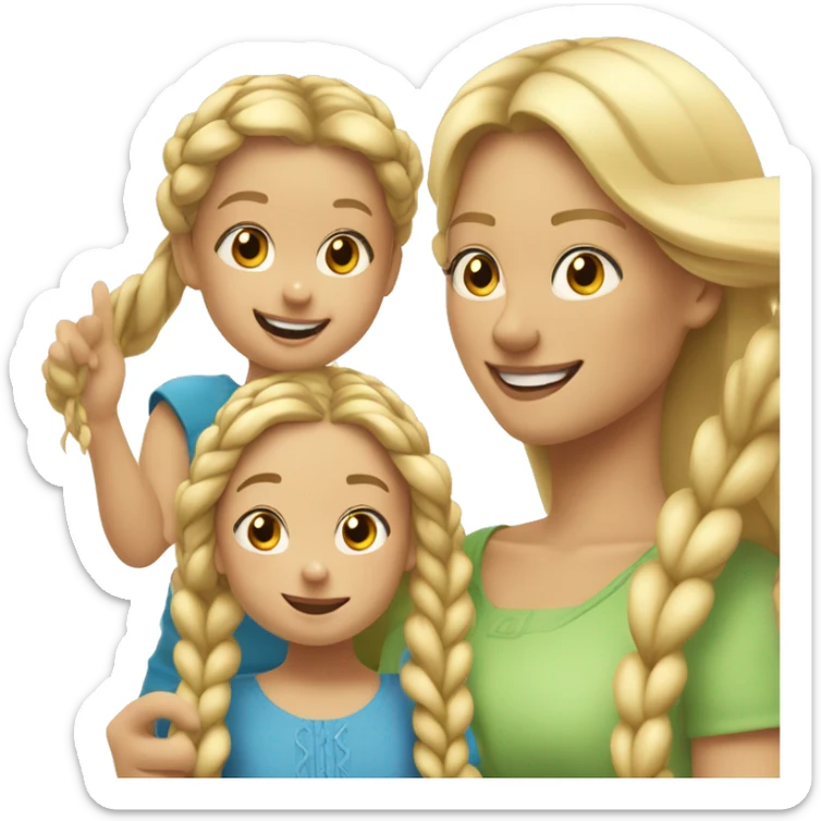 An emoji of a blonde mother with very long hair and a cheerful expression, standing next to her 3-year-old daughter, a small girl with black hair styled in two braids, both smiling happily together sticker