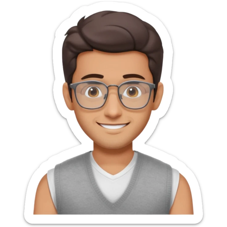 generate a pretty bratz emoji 
Make her look like hrithik roshan wearing white tee with a grey v neck sleeveless weater vest over it. wearing rectangle spectacles

he should look exactly  like hrithik roshan. smiling autistic sticker