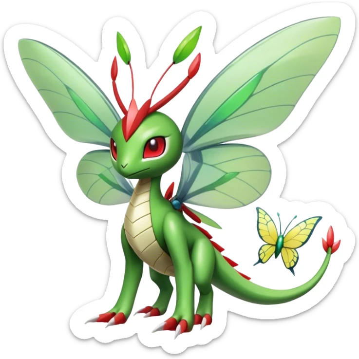 Cute Cool Edgy Shiny Futuristic Ethereal Legendary Kartana-Digimon-Schyther-Flygon-hybrid full body with butterfly wings sticker