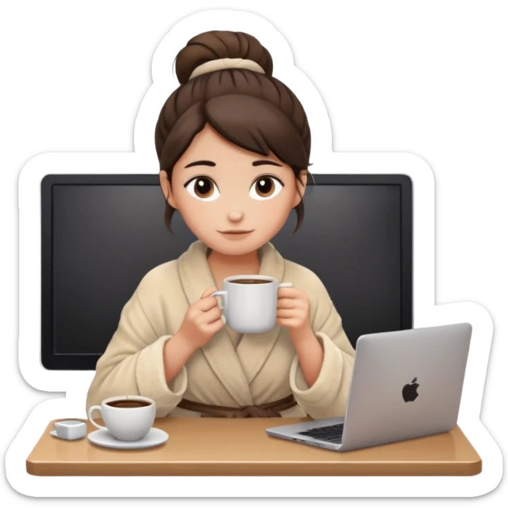 A brunette girl with a bun as hairstyle, with dark brown eyes, dark circles under eyes, tired, sad face, with a mug of coffee in one hand and sitting in front of a computer, wearing a soft fluffy beige robe sticker
