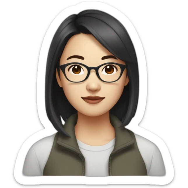 26 year old asian woman with short dark hair and brown rectangle glasses sticker