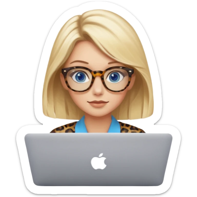  blonde hair woman blue eyes with tortoise shell print glasses on mac book  sticker