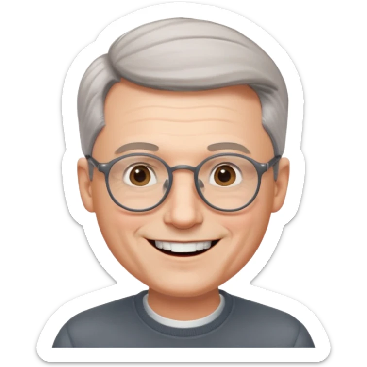 50 yr old pale white man, grey side swept hair, round glasses, big smile, white teeth, handsome sticker