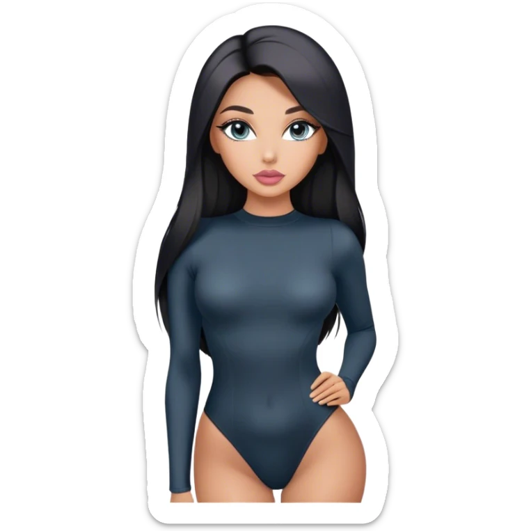 Glamours, tanned, very beautiful girl, with big pump peach-beige-rose lips, long long lashes, black straight smooth silky long hair, straight parting hair, blue-grey eyes in black long-sleeves bodysuit sticker