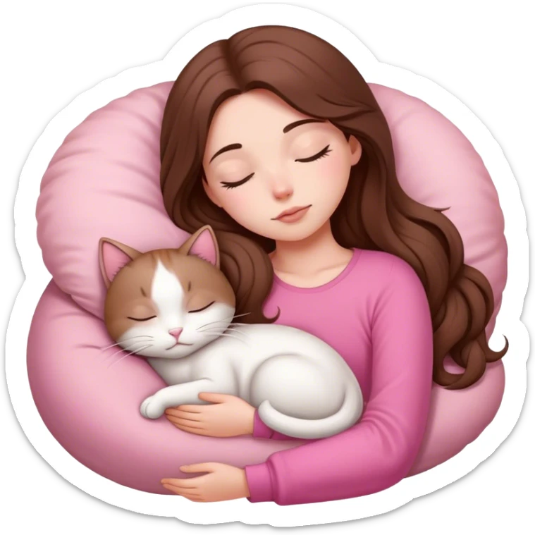 A pretty white girl with very long brown hair and pink clothing sleeping curled up to a white cat  sticker
