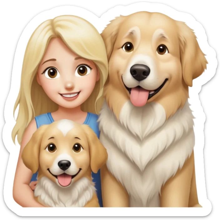 A very large goofy looking great Pyrenees dog with his golden retriever, brother, and a very pretty blonde girl, smiling very big with large eyes sticker
