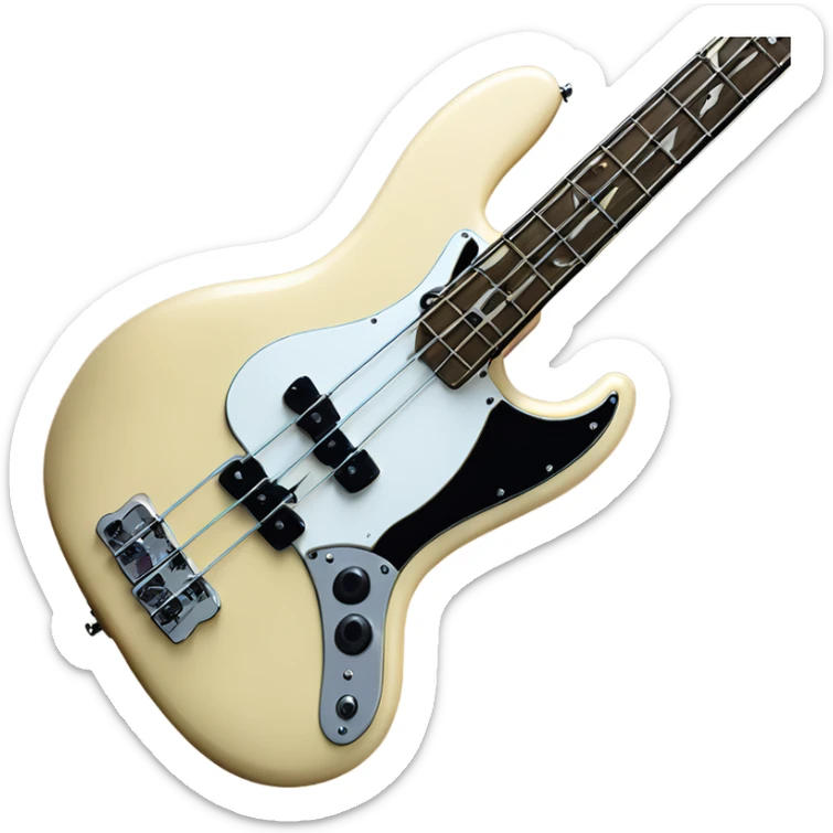 Cream colored fender fretless jazz bass with white pearloid pick guard sticker