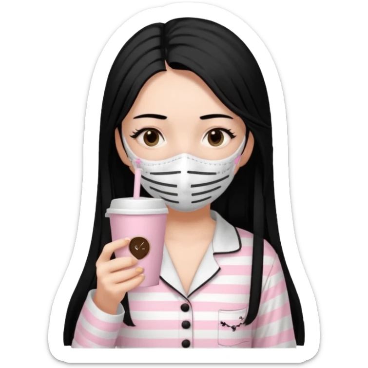 chica de pelo lacio color negro cabellera larga piyama blanca con rayas rosa claras peo no tan claras no oscuras el bordado es negro al igual que los botones )tiene una mascarilla para la carablanca y sostiene y cafe con bolitas nedras al dondo con unsorbete tranparente y es de test blanca  sticker