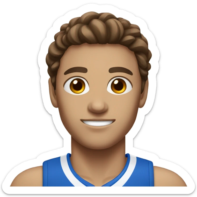 Volleyball player with brown hair brown eyes and blue and white jersey sticker