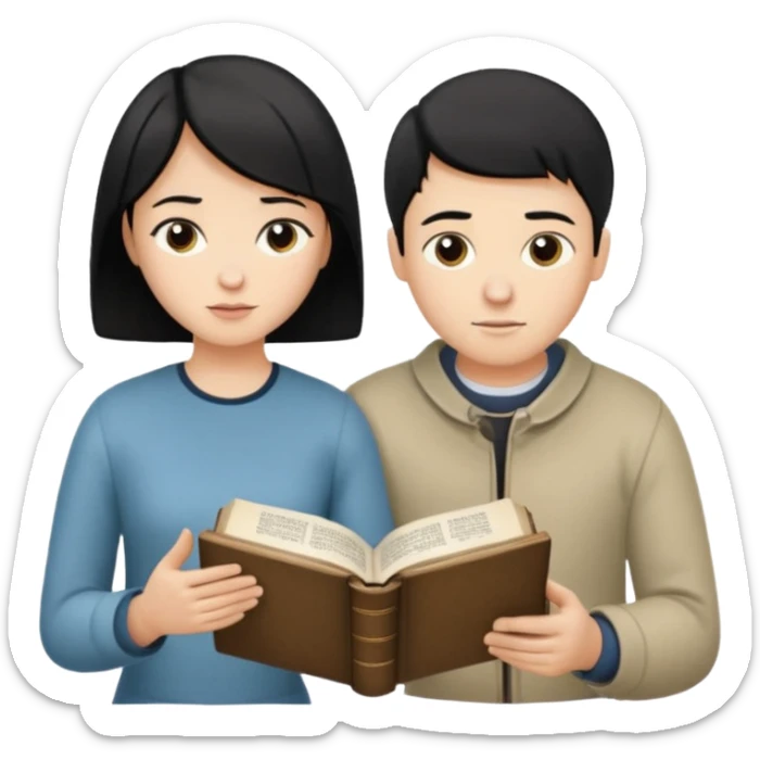 Crie uma figurinha pra stories de uma biblia aberta e um casal lendo (homem loiro e mulher branca cabelos pretos baixinha) sticker