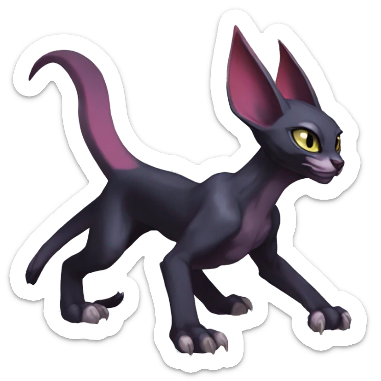 Black cool vampiric demonic Noivern-Litten-Sphynx-Lykoi-Caracal-Fakemon with big bat ears full-body sticker