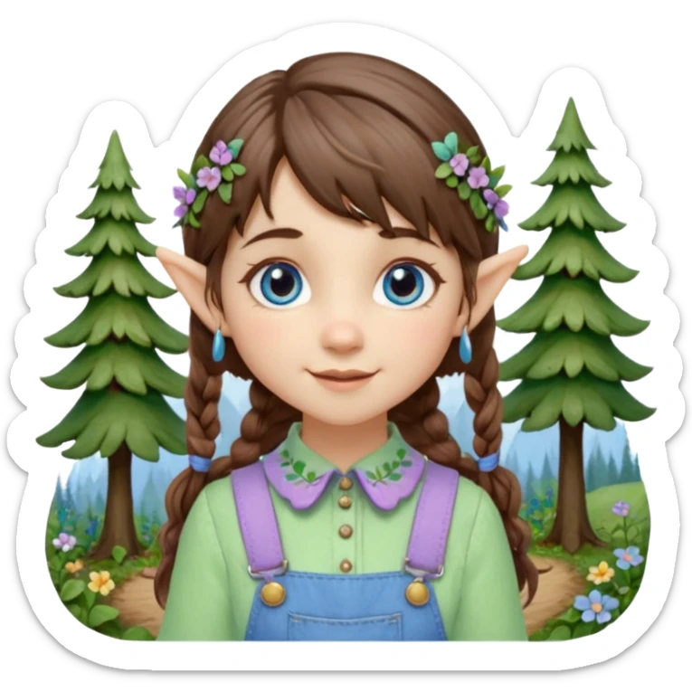Kind happy whimsical quirky Girl toymaker, wood carving elf. Woodland nature creator. Blue eyes. brown hair (short — inch longer than chin length) wavy hair & bangs. Whimsical playful cute. Overalls with nature embroidered cute shirt collar. Light green, light purple and light blue colour aesthetic  sticker