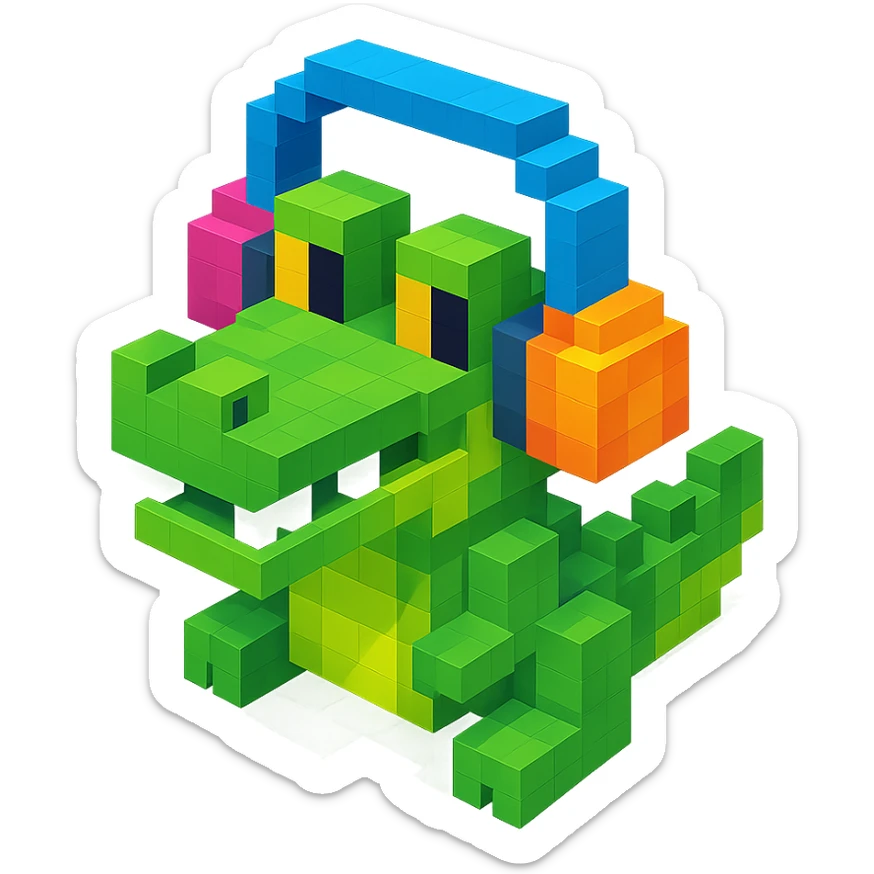 voxel style crocodile with colorful headphones, isometric view sticker