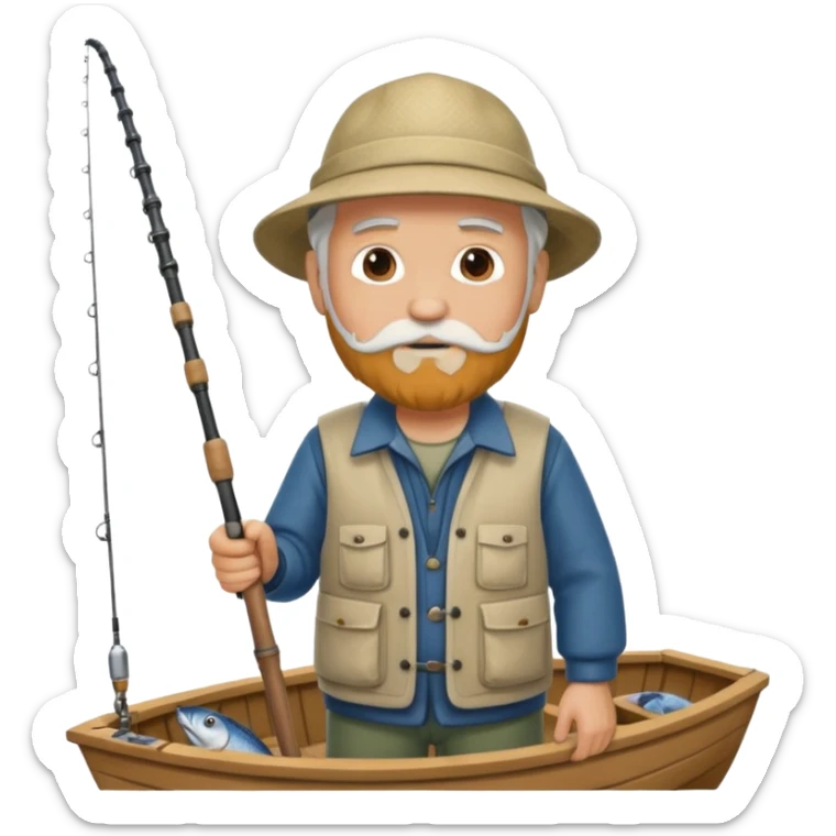 an old white haired, bearded man in fisherman attire, stood in a boat at sea, holding a fishing rod and catching fish with it. sticker