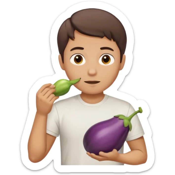Guy with brown middle parted short hair in white t shirt eat an eggplant  sticker