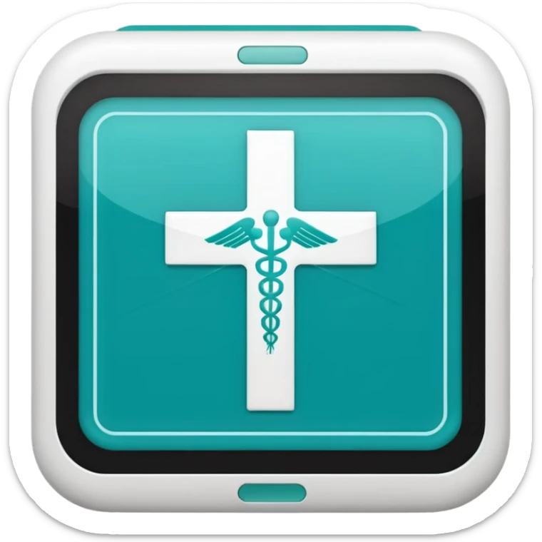 Emoji-style icon of a medical cross inside a scan frame with data lines, symbolizing AI disease detection. Simple emoji design, teal and white theme, no text, transparent background. sticker
