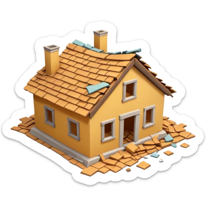 3D iPhone style emoji of a collapsed house, broken walls and roof pieces scattered, debris and ruins visible, isolated on white background, soft shadows, high detail, playful and cute. sticker