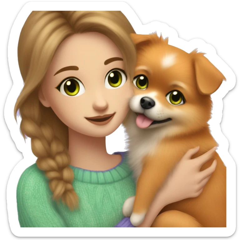 highlighted hair girl with blue green eyes, hugs her orange pomeranian puppy, wearing cute lilac sweater sticker
