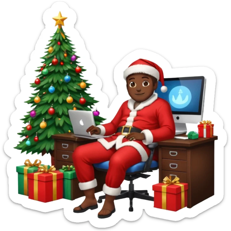 Informaticien homme noir full-body, week-end détente, assis à son bureau moderne avec ordinateur affichant du code.. À côté de lui, le Père Noël souriant, sapin illuminé et cadeaux autour. sticker