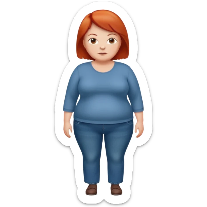 Lazy old Short woman with straight short red hair and fat tummy..wears business casual jeams and full sleeve  tshirt sticker
