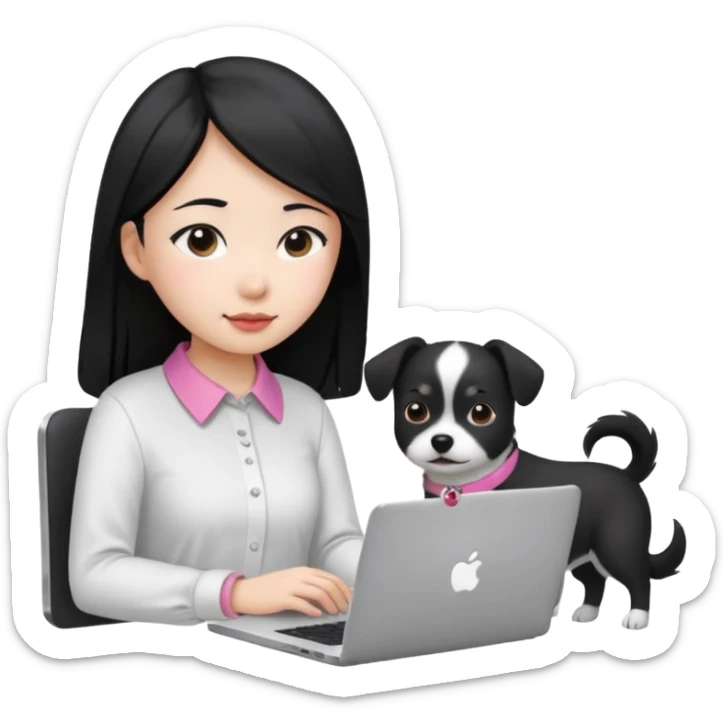 Blue back ground, Asian girl with long black hair , wearing a white shirt, working on an Apple laptop, next to her is a small black and white dog with pink collar on  sticker