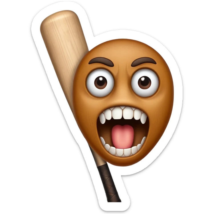 Brown baseball bat with cartoon eyes, a nose, and an open mouth showing teeth sticker