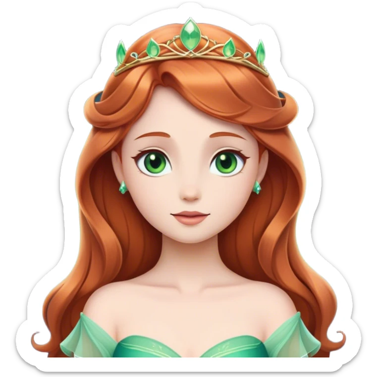 Cinematic Timeless Sleeping Beauty Portrait Emoji, rendered in a clean, vector style. Depict Aurora with delicate porcelain skin, elegantly arranged auburn hair, and a serene, graceful expression, dressed in her iconic gown. The design features bold, simplified shapes, a soft, enchanting glow, and a subtle glowing outline, capturing her timeless, fairy-tale beauty. sticker
