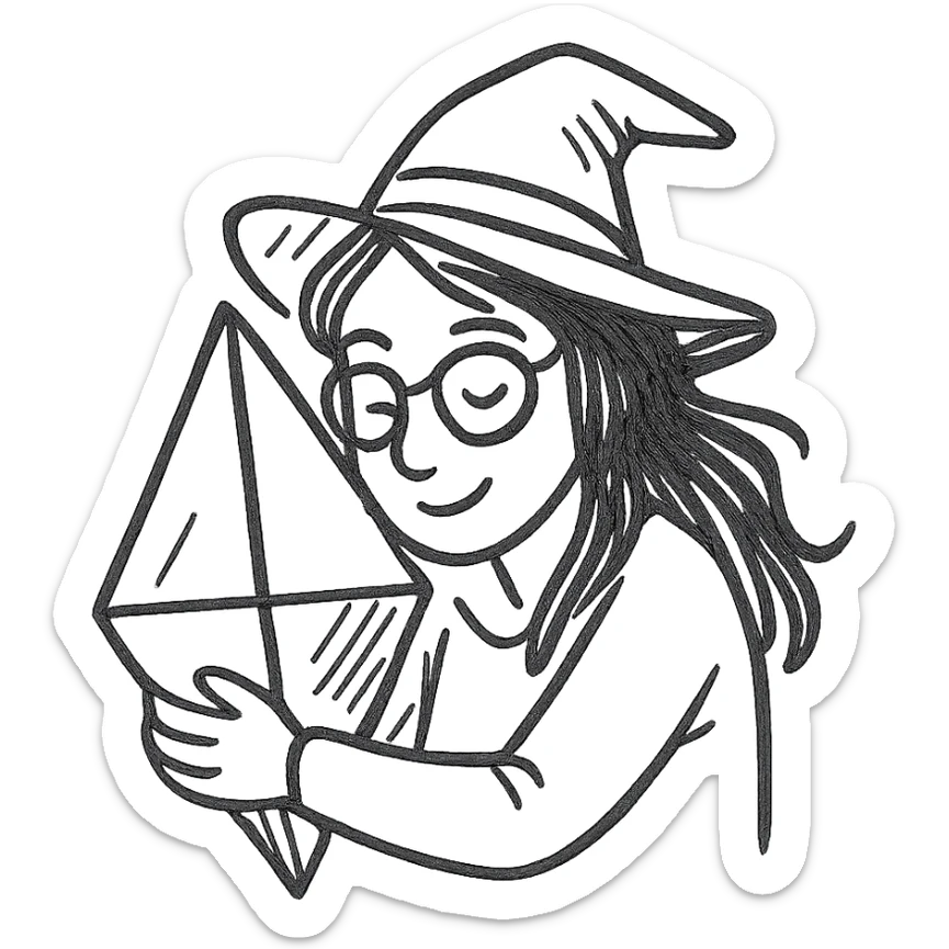 witch with brown hair and glasses hugging a Plumbob, hand-drawn outlined icon style, sketchy lines sticker