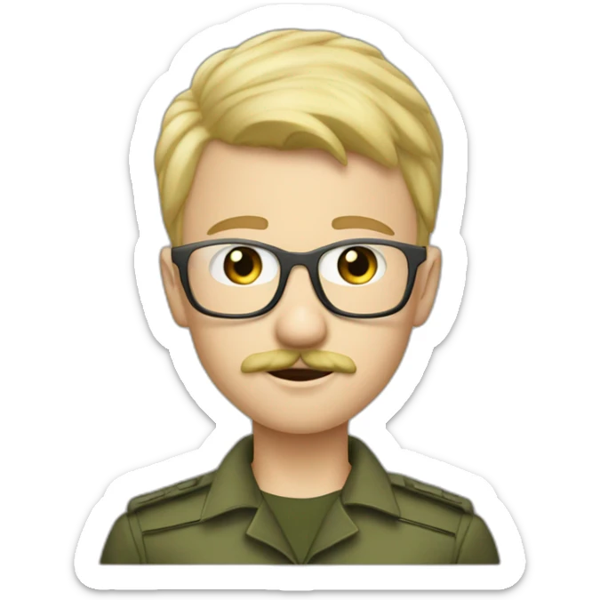 a young boy with short militar blonde hair with transparent white glasses and mostache, he is a hacker sticker