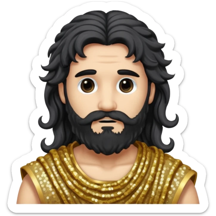 Pluto, God of Death from Roman Deities with long black wavy hair and beard, dark grey sequin toga sticker