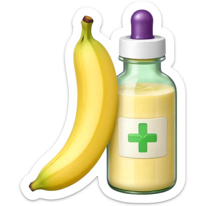 Make an emoji of banana grape custard with a bottle of medicine next to it  sticker