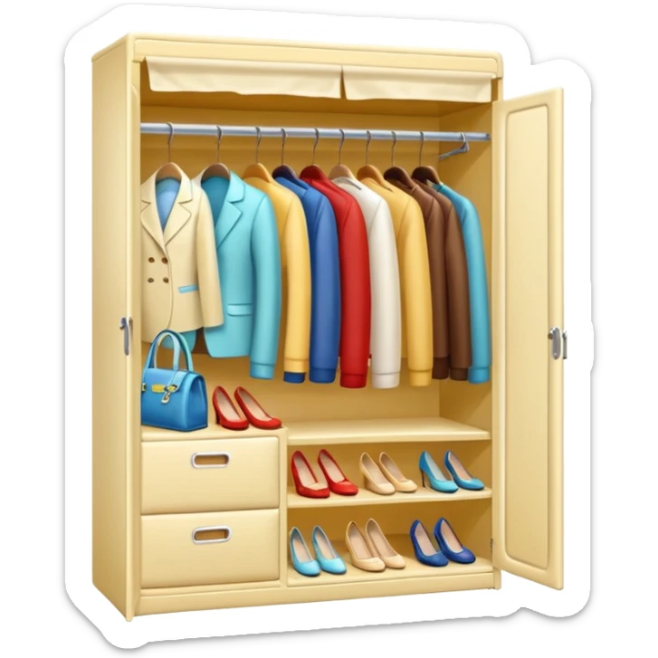 Glossy cream PVC closet with realastic cloth and shoes with bags sticker