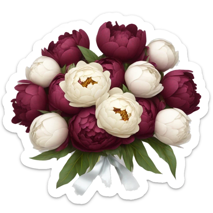Big bouquet of burgundy peonies with a white satin ribbon sticker
