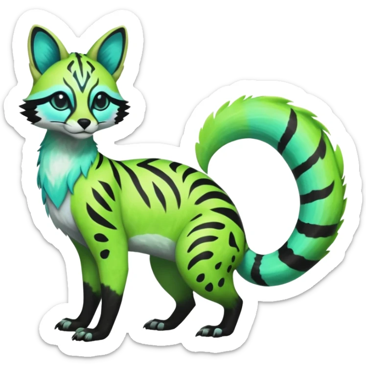 Rare realistic iridescent neon lime-green & cyan white black lush tropical exotic edgy epic pretty beautiful handsome gorgeous aesthetic colorful vibrant Vernid-Protogen-Primagen-Genet-Trico-species-Fakemon-hybrid-creature by LiLaiRa, beautiful intricate markings, full body sticker