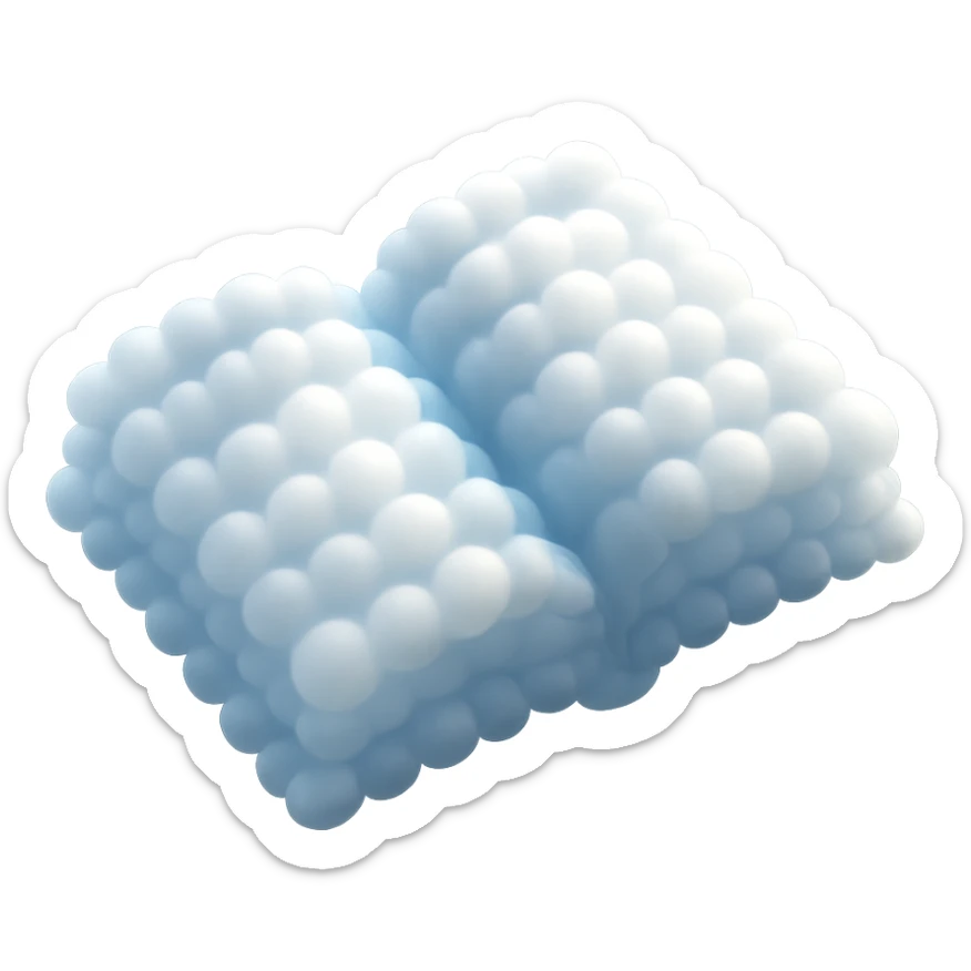 top view of a thick open book made entirely of small, very bright white fluffy convex clouds, matte glass style sticker