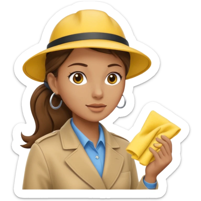 A cleaning Lady with Brown hair, high ponytail and yellow cleaning gloths is Talking to a Detektive with beige had, a beige coap and he is interviewing the cleaning Lady sticker