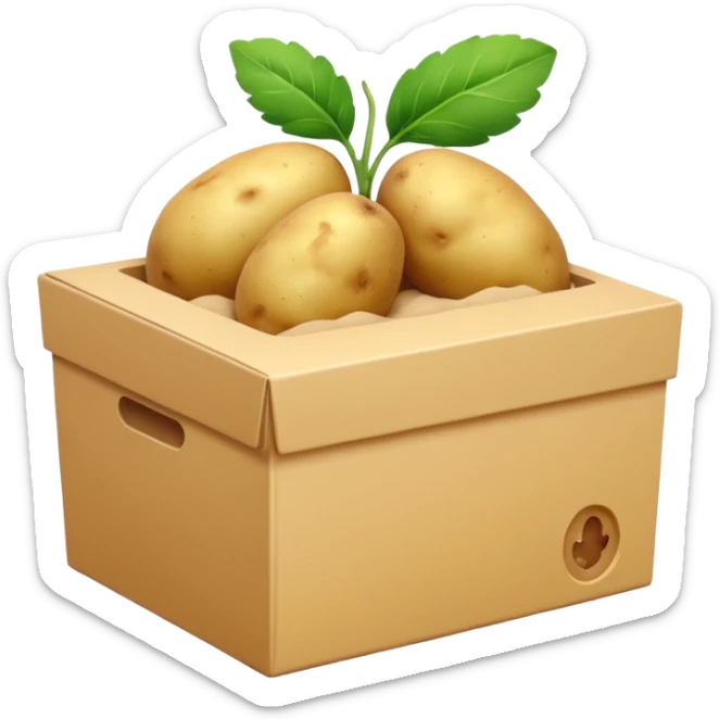 box of potato starch, small, beige or pale yellow, clean edges, potato or sliced potato with green leaves, 'POTATO STARCH' in warm color, smooth glossy, minimal, clean 3D, soft lighting, transparent background, emoji scale sticker