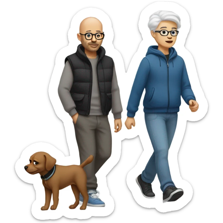 Bald man with glasses, wearing gray sweatpants and a black T-shirt and a blue puffy vest walking a small brown dog sticker