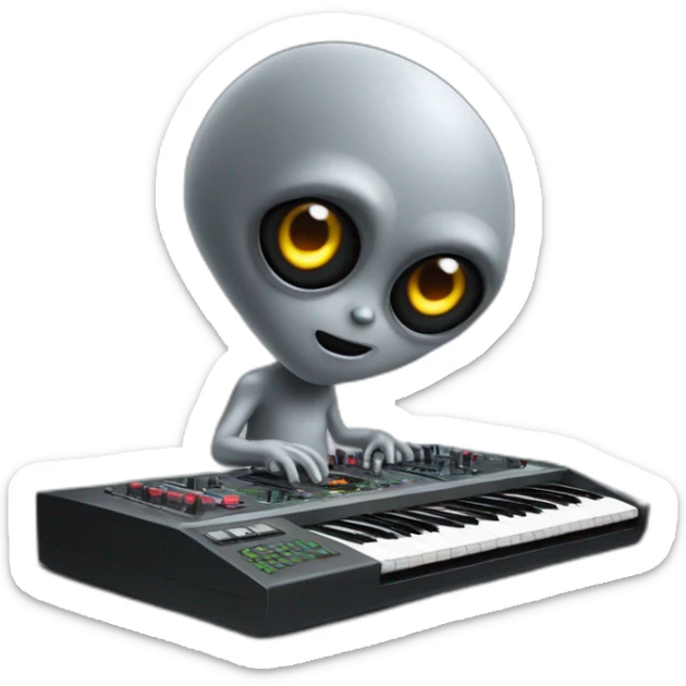 A Classic emoji of grey Big eyed Alien playing an AKAI MPC XL sticker