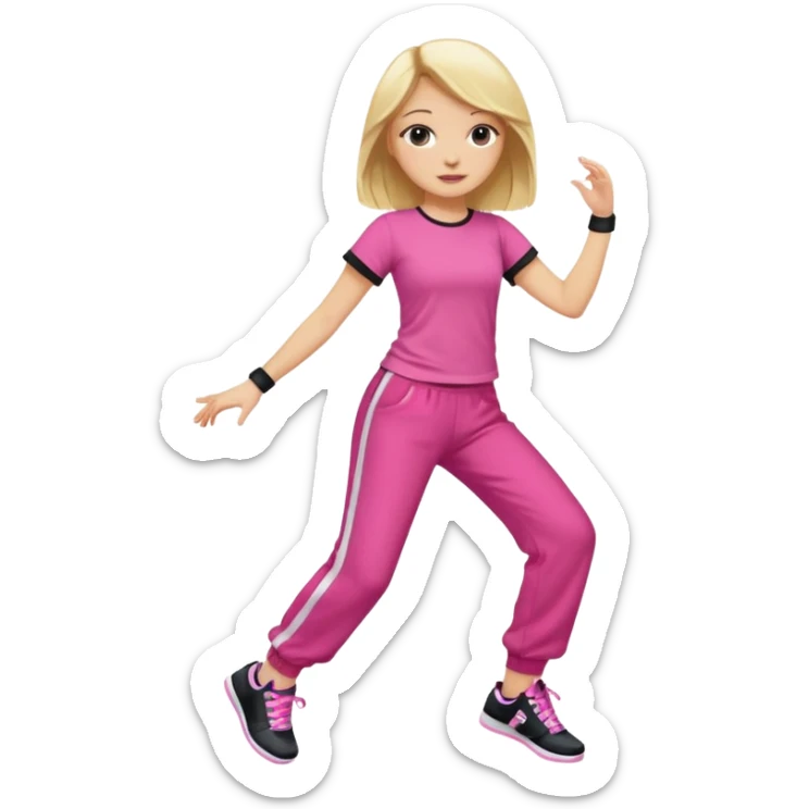 Hiphop dancer, with cute big pants, sneakers, and t-shirt. White girl blond. Coloufull shirt. No pocket pants. Dancing. No orange. Pink and black sticker
