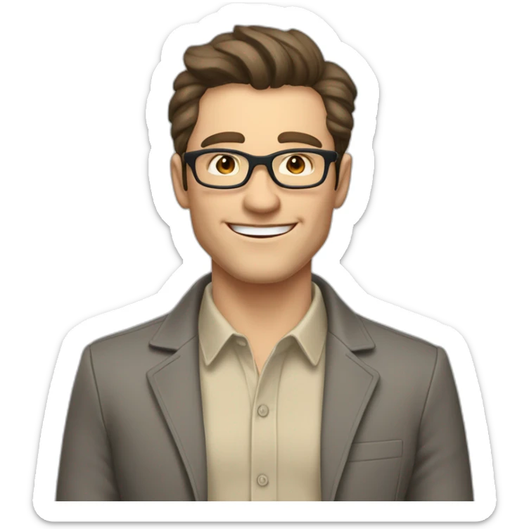 Joyful Pale skinned Fit Man With dark brown hair in gray jacket, beige office shirt, Brown pants and vintage glasses. His thrumbs up sticker