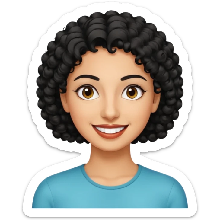 30 year old iranian woman very short curly black hair, big brown eyes, tanned skin, big smile, white teeth, pretty, stylish, shorter hair, boy cut hair sticker