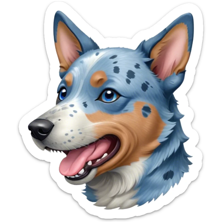 Cinematic Cute Yawning Blue Speckle Australian Cattle Dog Portrait Emoji, Head tilted slightly with a dramatic, wide-open yawn, showcasing a sleek blue speckle Fur with distinct markings, floppy ears slightly drooping, round blue eyes barely open in drowsy contentment, Simplified yet irresistibly adorable features, highly detailed, glowing with a soft, cozy glow, high shine, relaxed yet expressive, stylized with a touch of whimsy, bright and endearing, soft glowing outline, capturing the essence of a sleepy yet affectionate herder, so drowsy it feels like it could stretch out of the screen and curl up for a nap! sticker