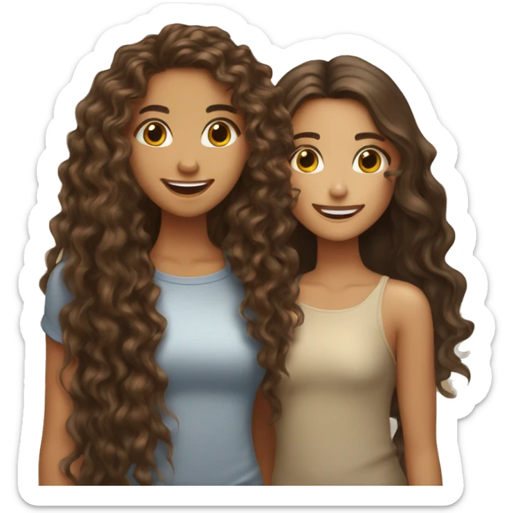 One curly long hair brunette girl with tan skin kissing a long straight hair brunette girl with lighter skin happy   sticker