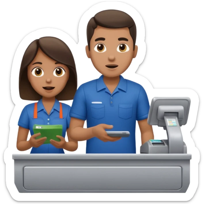 Supermarket employee at a cash register, full body, serving a man surprised sticker